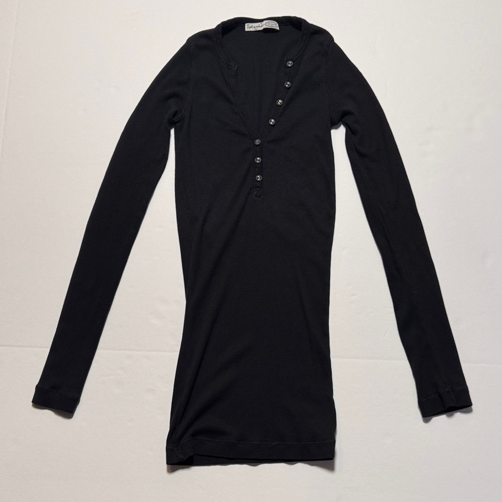 SPLENDID for SCOOP NYC Y2K Black Long-Sleeve Henley Slim Top Extra Long Torso SM
